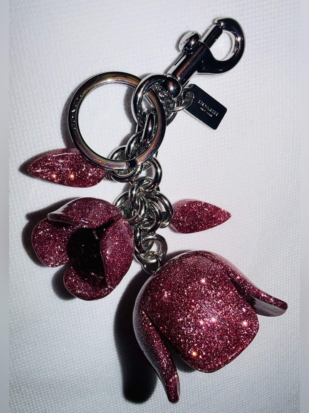 Coach Pink Glitter Floral Keychain Charm with Silver Hardware - Picture 2 of 2